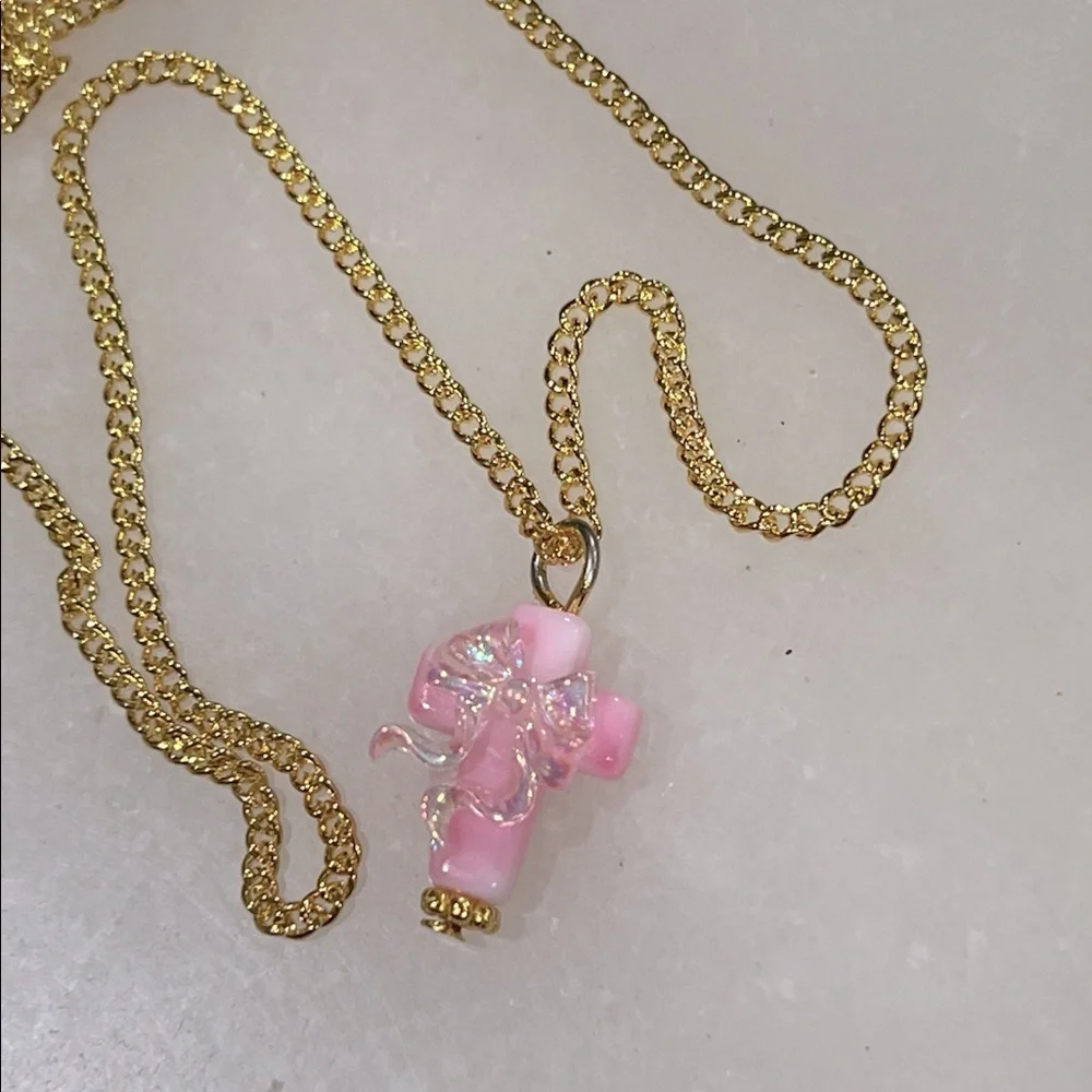 Lightweight Pink Cross with Bow Pendant Necklace